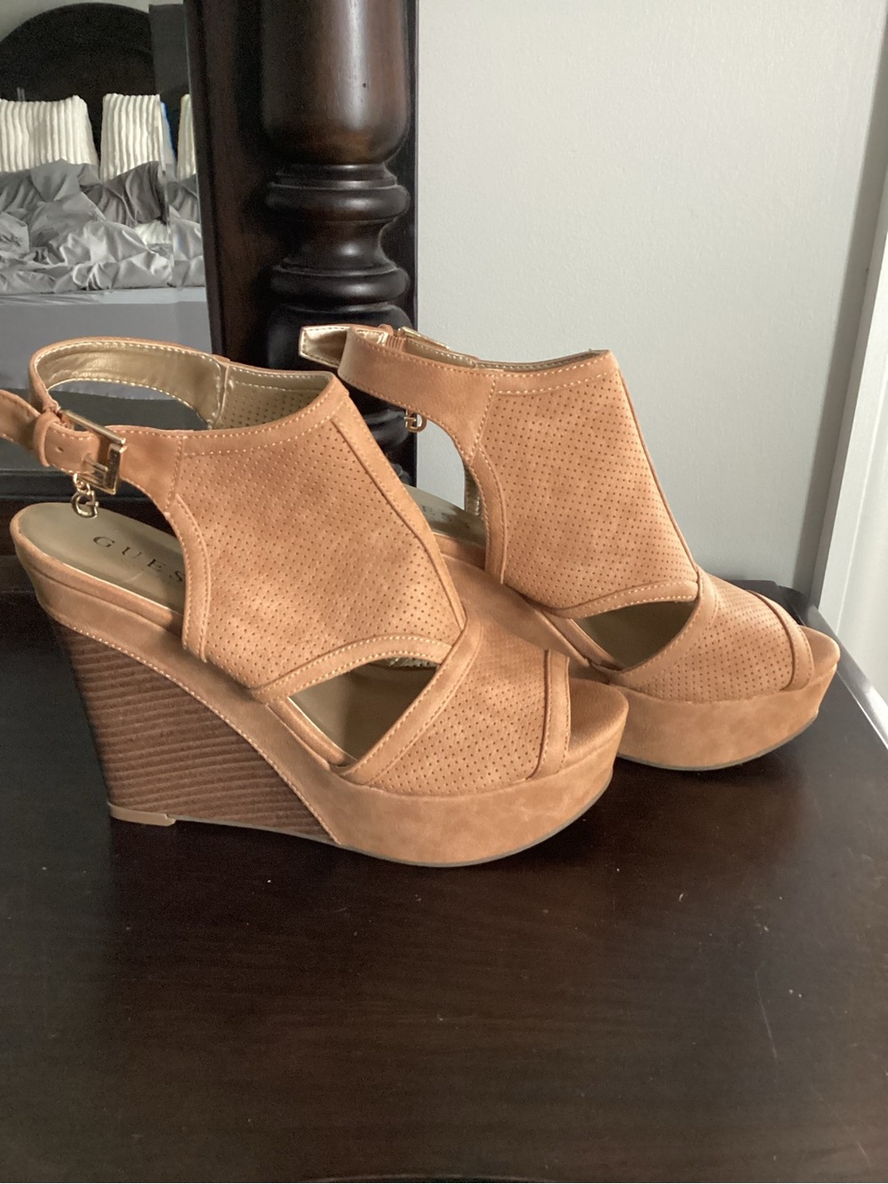 Guess Tan Perforated Leather Peep-Toe Wedge Sandals